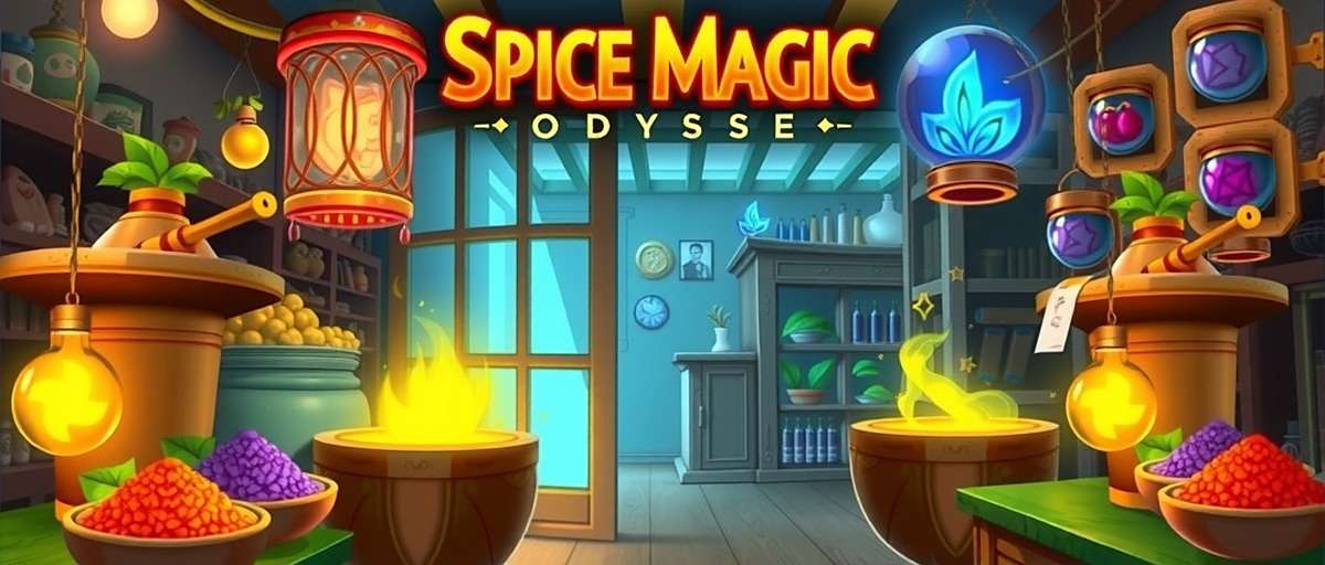 Spice Magic Odyssey gameplay showing a magical spice market with glowing spices and mystical elements