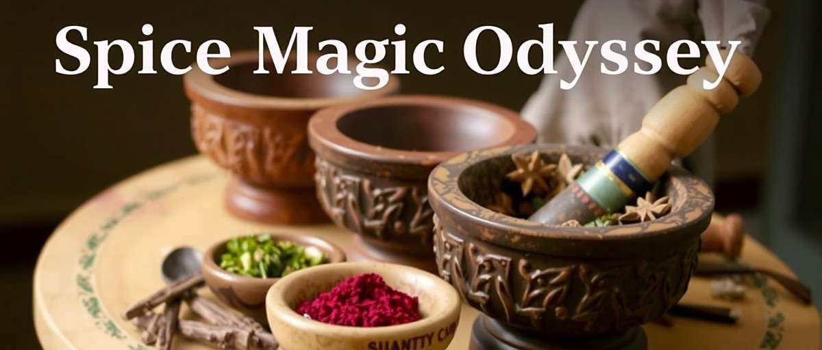 Spice Magic Odyssey featuring traditional spice grinding methods using mortar and pestle from different Indian regions
